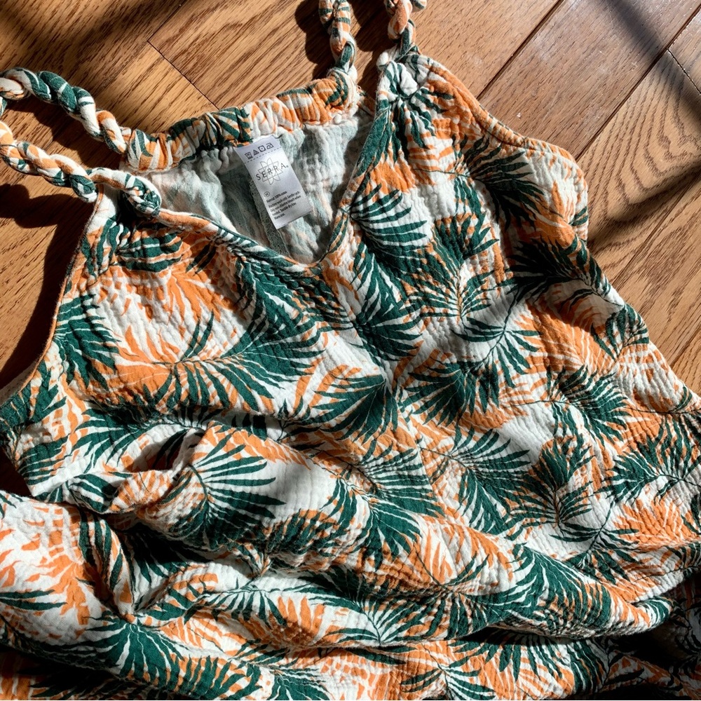 Serra Cotton Palm-Leaf Dress Size M Medium Women's Orange & Green Tropical Print